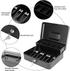Metal Cash Box with Key Lock and Money Tray – 11.8×9.4×3.54 in, Portable