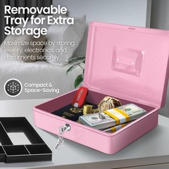 Secure Cash Box with Lock & Removable Tray – 9-Compartment Pink Money Storage fo