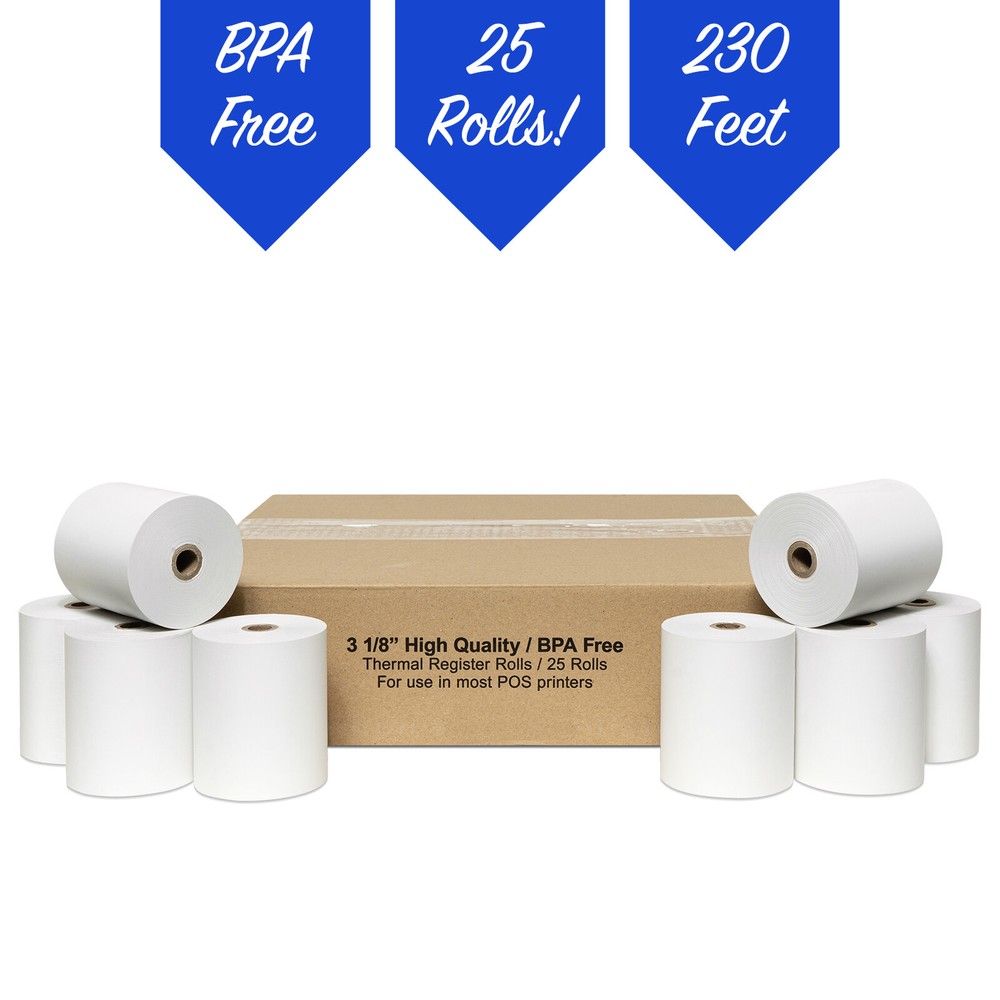 3 1/8″ x 230′ White Thermal PoS Receipt Paper 25 Rolls **FREE SHIPPING**
