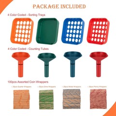 Coin Sorter Tray & Coin Sorter Tube – 4 Color Coded Coin Separator Trays and Coi