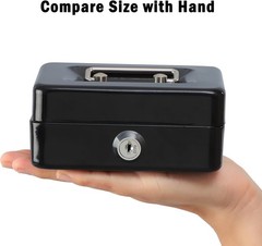 Compact Black Locking Cash Box with Durable Key Lock & Coin Tray, 4.92″x3.74″