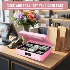 Cash Box with Combination Lock – Pink 5-Compartment Metal Cash Box with Tray