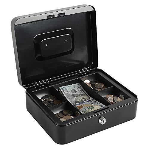 Locking Steel Large Cash Box with Removable Coin Tray and Key Lock9.84″x 7.87…