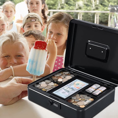 Cash Box with Money Tray and Lock, Secure Cash Box, Steel, Key Lock, Black