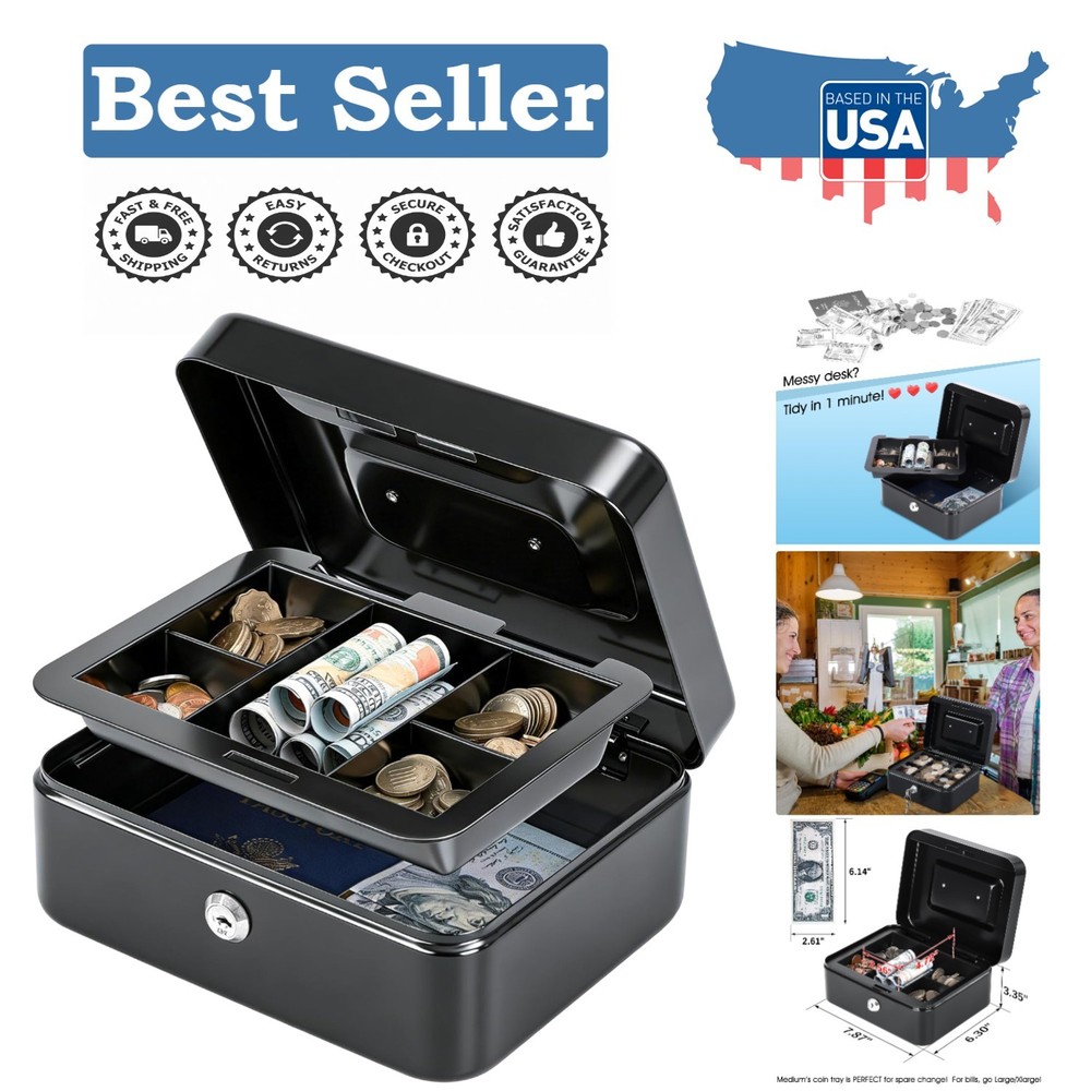 Lightweight Medium Cash Box with Dual Key Lock & Removable Tray – 6.3″ x 7.87″