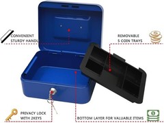 Blue Steel Cash Box with Key Lock Portable Storage Safe 7.87×6.30×3.54″