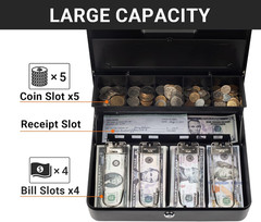 Cash Box with Key Lock: anti Theft Safe Lock Box with Money Tray 4 Bill 5 Coin I