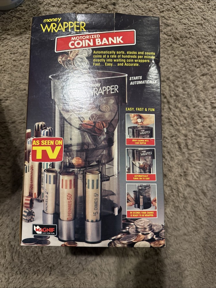 VTG MAGNIF Money Wrapper Motorized Coin Bank Made in USA 1994 AS SEEN ON TV