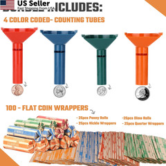 Coin Storage & Sorter Tubes 4 Color – 4 + 100, Red, Blue, Green, Orange