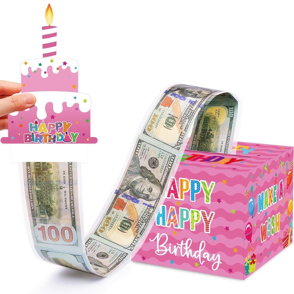 Birthday Money Box Cash Gift Pull Pink Girls Roll 50 PCS Transparent Bags