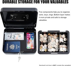 Water-Resistant Cash Box with Removable Tray: Secure Cash Drawer, 9.84″x7.87″