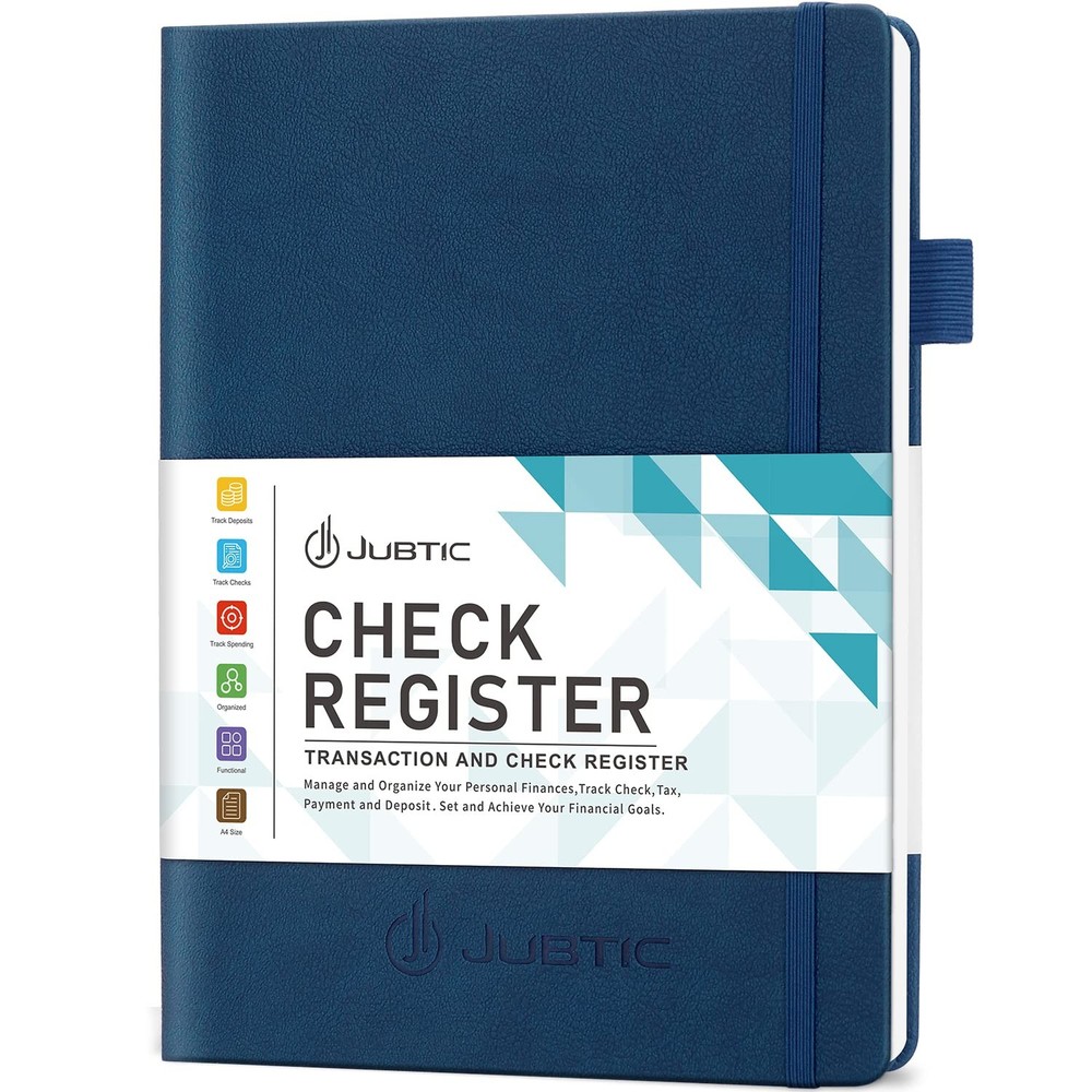 JUBTIC Check Register Book Large 7.5×10″ Ledger Personal Small Business Navy Blu