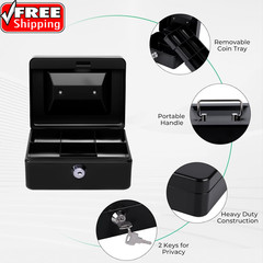 Small Cash Box with Money Tray and Lock, Metal Cash Lock Box with Key, Petty Cas