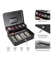 Large Lockable Cash Box with Money Tray & Key, Black, 11.8×9.45×3.54