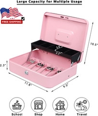 Pink Cash Box with Money Tray and Key Lock,Tiered,4 Bill /5 Coin Slots for girls