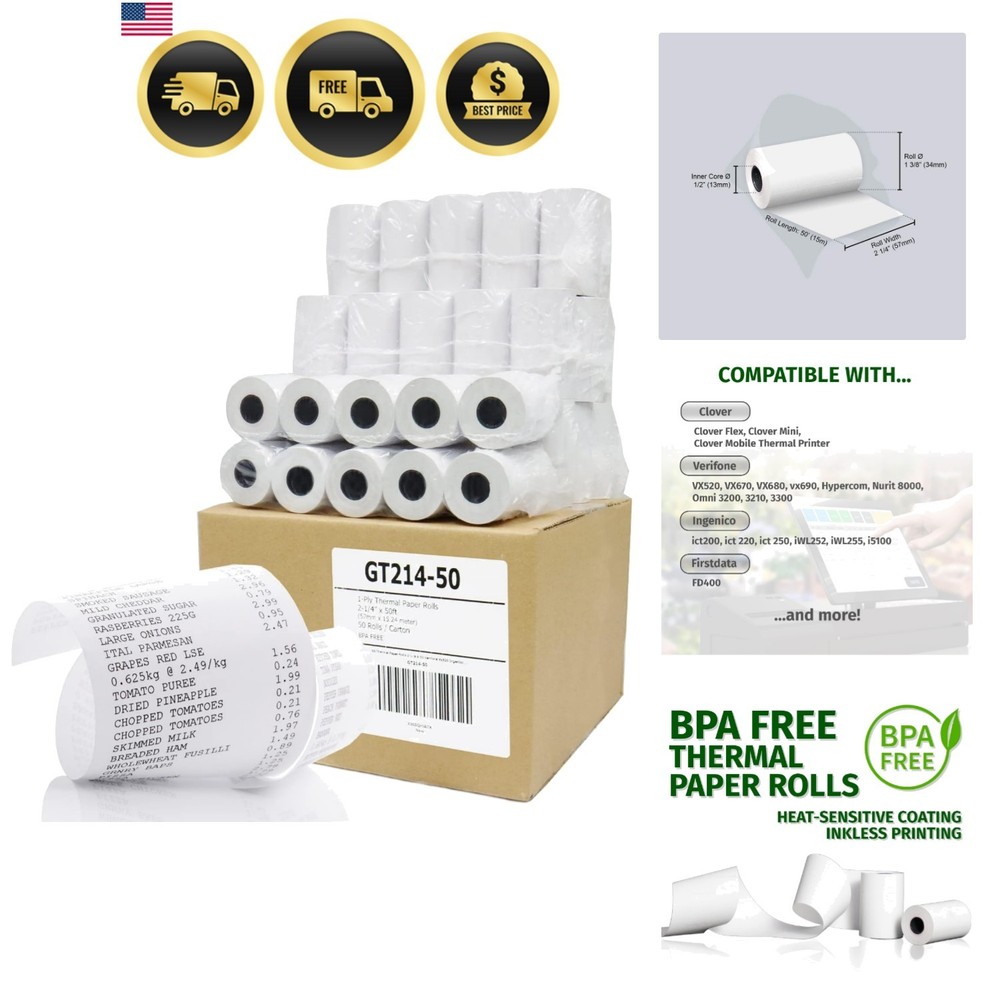 Thermal Paper Receipt Roll 2-1/4″ x 50′ BPA Free 50 Rolls