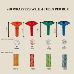 250 Assorted Flat Coin Rolls Wrappers with 4 Coin Sorters Tubes, Includes Qua…