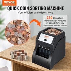 VEVOR USD Coin Sorter Coin Counter Wrapper and Roller 230 Coins/min 4 Coin Tubes