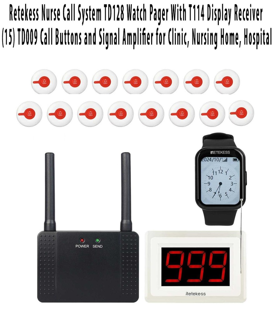 Retekess Nurse Call System TD128 Watch Pager w/T114 Display Receiver (15) TD009