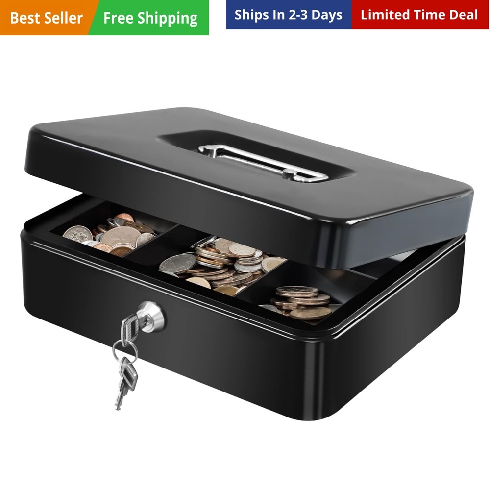Large Cash Box with Removable Money Tray, Key Lock Metal Storage Box with 2 K…