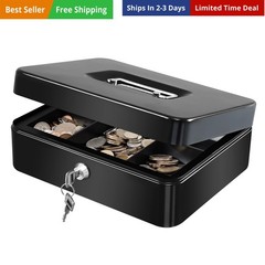Large Cash Box with Removable Money Tray, Key Lock Metal Storage Box with 2 K…