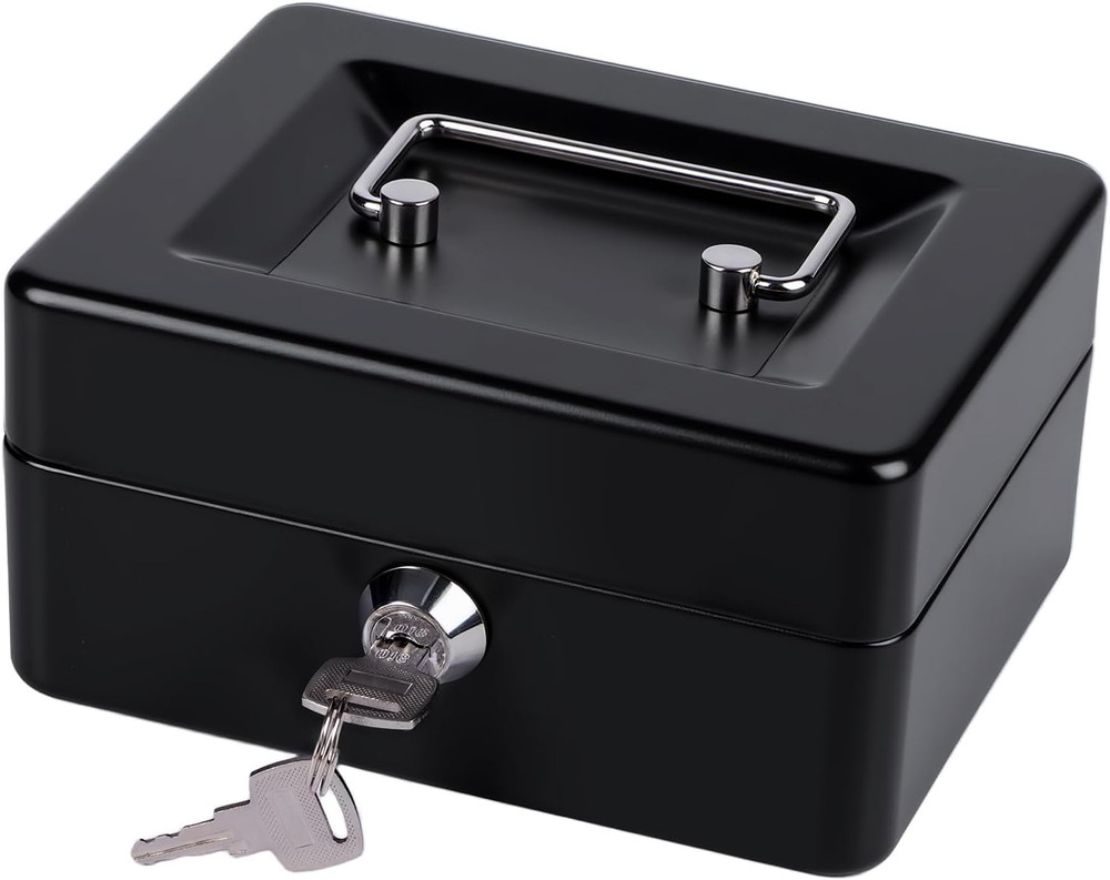 Small Cash Box with Money Tray and Lock Metal Cash Lock Box with Key