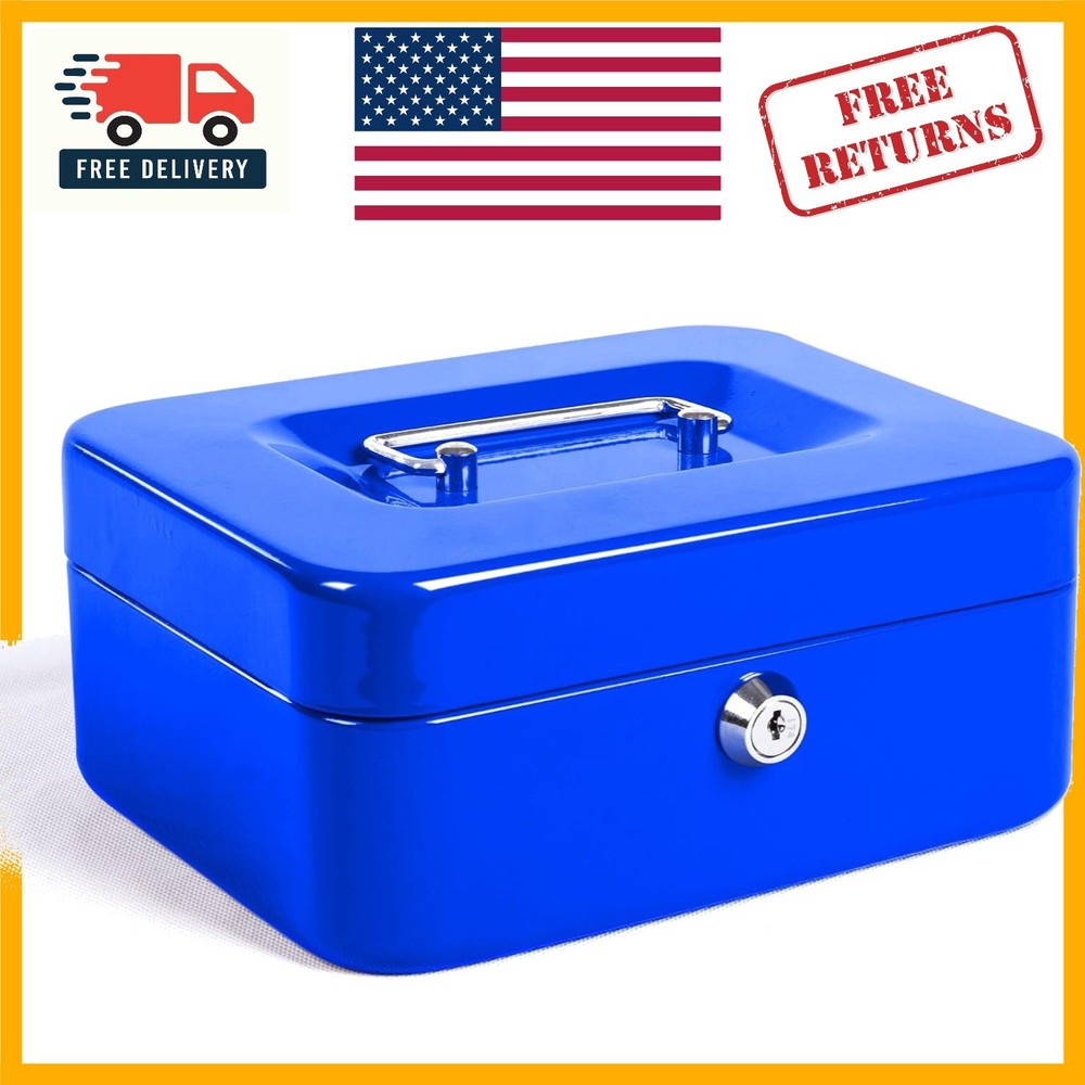 Blue Locking Steel Cash Box with Removable Tray – Portable & Secure Solution