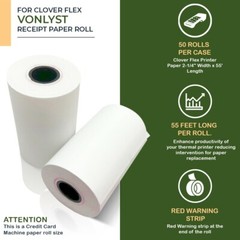 Vonlyst Thermal Paper Roll for Clover Flex Receipt Paper 2 1/4 x 55 (50 rolls)