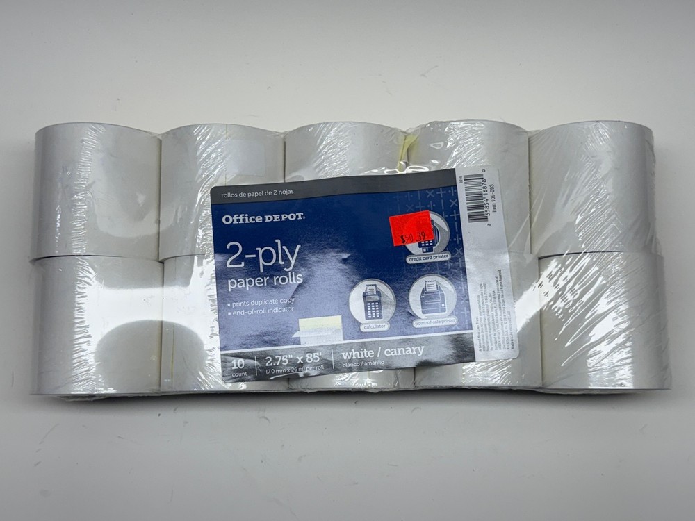 Office Depot 2-Ply Paper Rolls 2.75″ x 85ft. Canary/White Pack Of 10 109-093 New