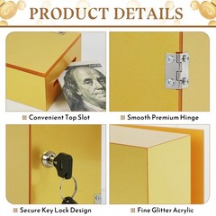 Acrylic Cash Box for Gambler Pocket Sized, Sparkling Glitter Gold Winners Bank