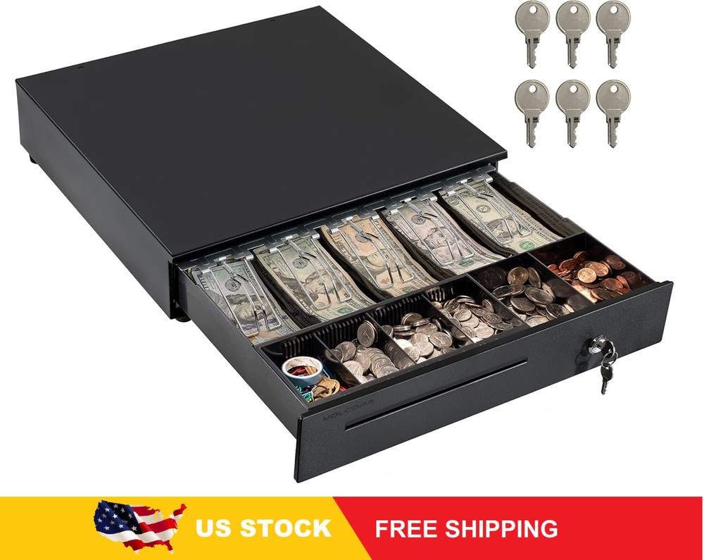 Volcora POS Cash Drawer, Removable Coin Slots, 5 Bill/6 Coin, 12-24V, Black