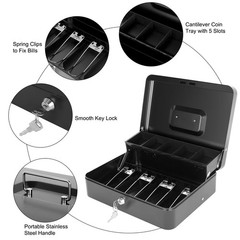 Cash Box with Key Lock and Money Tray – Metal for Large, Black