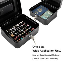 Medium Steel Cash Box with Money Tray, Lock Box, Black