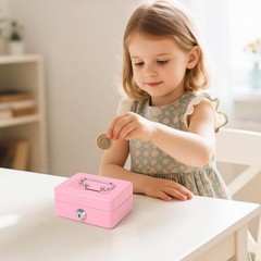 Jssmst Small Cash Box with Lock and Slot, Metal Coin Piggy Bank X-Small, Pink