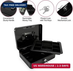 10″ Cash Box with Money Tray, Black, Large | Metal Money Safe Lock Box, Key Lock