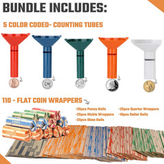 Coin Counters & Coin Sorters Tubes Set of 5 Color-Coded Coin Tubes and Assorted