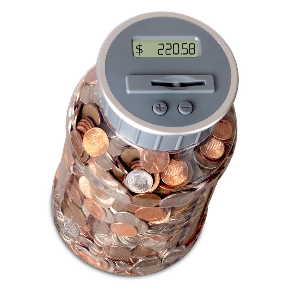M&R Digital Coin Counting Bank Silver Top Jar Totals Savings for US Coins