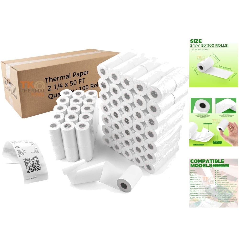 Space-Saving 100 Count 2 1/4″ x 50′ Thermal Receipt Paper – All Credit Terminals