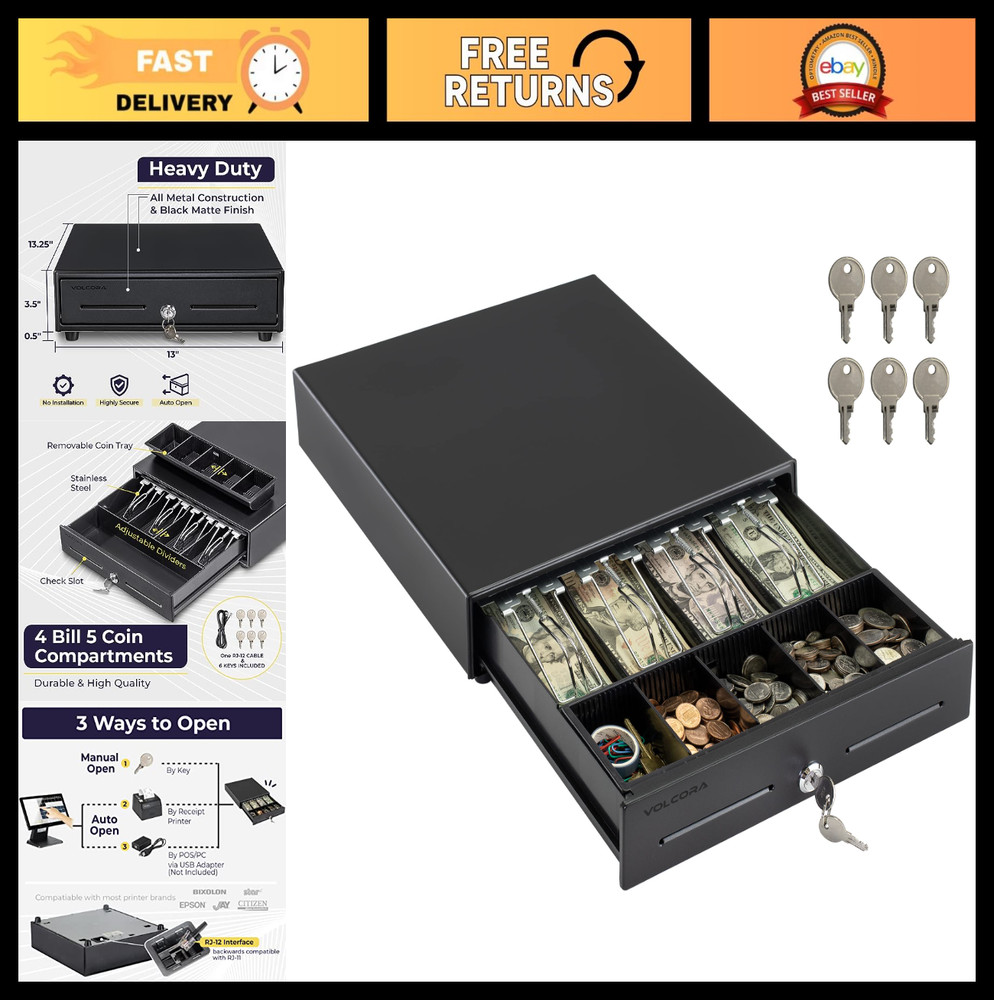 13″ Electronic Cash Register Drawer for POS System – 4 Bill 5 Coin Tray, Key-Loc