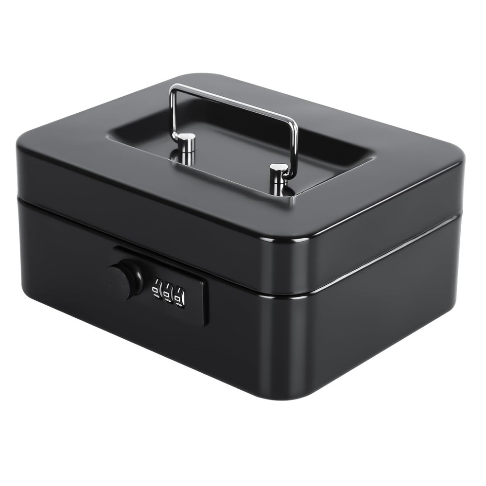 Reliable Black Metal Cash Box with Combination Lock for Family & Business Use