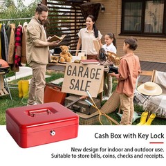 Red Large Cash Box with Money Tray Safe Key Lock 9.8 x 7.9 x 3.5 Inch