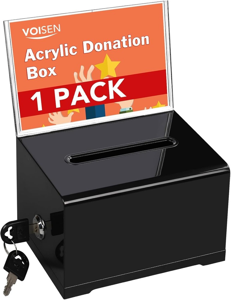 VOISEN Acrylic Donation Box with Lock Black Tip Jar Sign Holder 6.2×4.6×3.9″