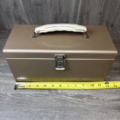 Vintage Cash Change Metal Box Storage No Key Brown Tan Nice Shape Decor 11.5”x6”