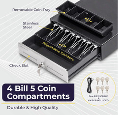 13″ POS Cash Drawer 4 Bill 5 Coin Tray with Key Lock RJ11/RJ12