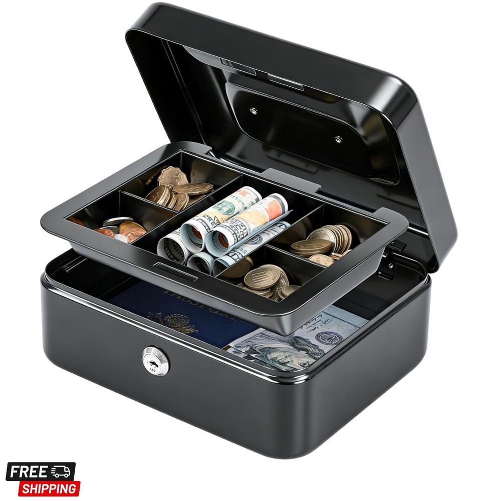 Medium Cash Box with Removable Money Tray, Key Lock Metal Storage Box with 2 …