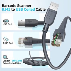 LS2208 Scanner Coiled Cable 3M For Zebra DS3508 DS2208 DS2208-SR DS8178 DS8108