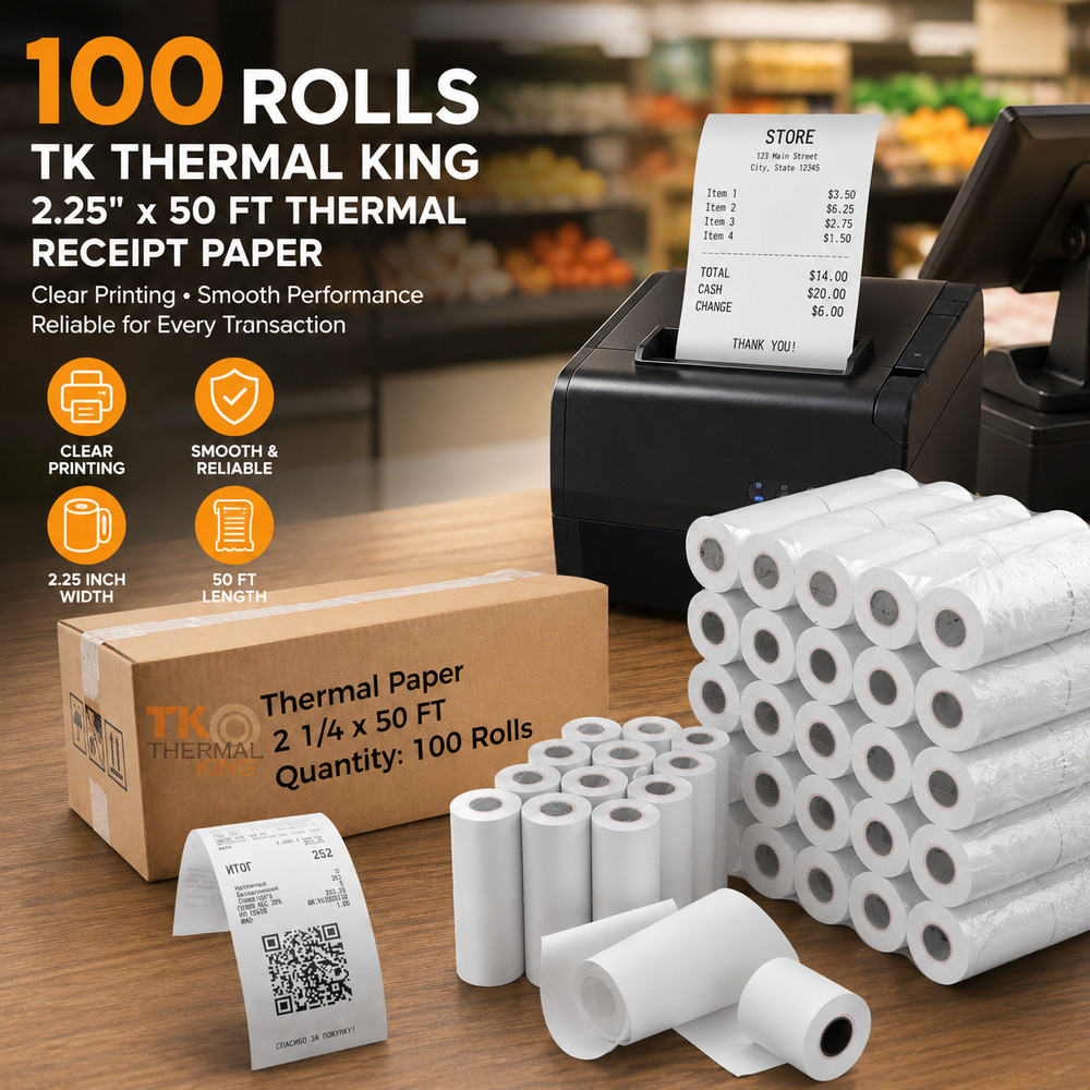 100 Rolls Tk Thermal King 2.25 In x 50 Ft Thermal Receipt Paper POS Cash Printer