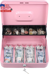 Pink Cash Box with Money Tray and Key Lock,Tiered,4 Bill /5 Coin Slots for girls