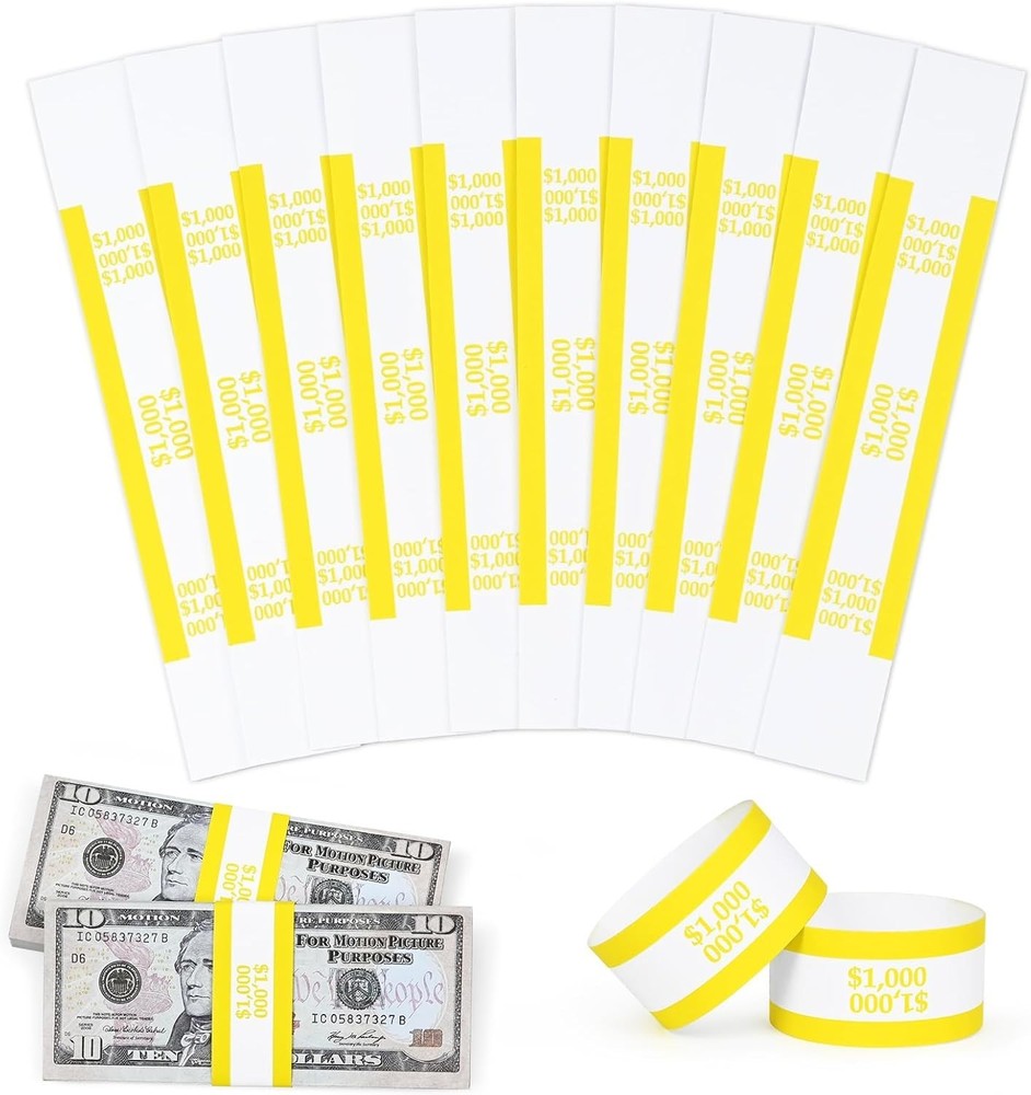 Self-Adhesive Currency Straps for Bills – 7.5×1.15 Inches in Yellow (100pcs)