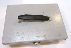 Vintage 1970s Industrial Beige Orange Peel Textured Steel Cash Box File w Handle